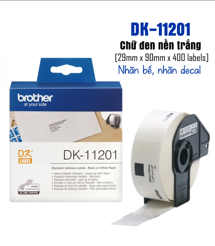In tem nhãn decal mã vạch Brother DK-11201 kích thước 29mm x 90mm dạng cuộn
